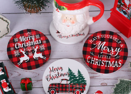 Whaline Merry Christmas Coasters Set of 4 Red Black Buffalo Plaids Drink Coaster Xmas Tree Truck Reindeer Absorbent Ceramic Coaster Holiday Cup Mat for Mugs Cups Home Kitchen Office Party Table Decor