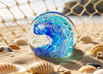 JUYOULE Hand Blown Glass Decorative Balls：Unique Ocean Wave Design, Elegant Paperweights for Office Desk, Coastal Room Decor, Beach Bathroom Decor, Sea Glass Art, Ocean Gift Idea （Blue）
