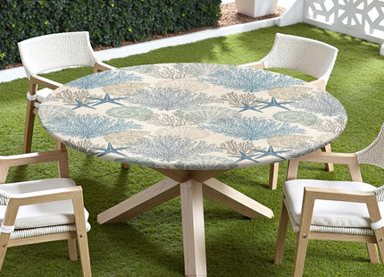 Summer Coastal Round Fitted Tablecloth with Elastic Edge,Water-Resistant Picnic Nautical Coral Starfish Seashell Table Cover for 40"-44" Found Tables Blue Ocean Table Cloth for Dinner,Outdoor,Patio