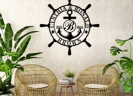 Customized Family Name Sign, Nautical Wall Decor, Anchor Compass Metal Sign, Initial Split Letter Monogram Sign, Last Name signs, Personalized Housewarming Gift