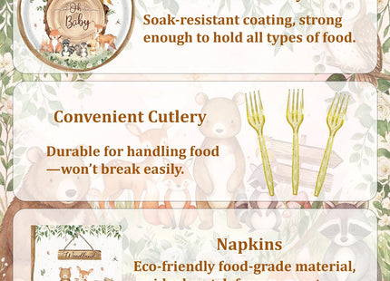 192 Pcs Woodland Baby Shower Tableware Set (Serves 48 Guests), Plates, Napkins, Forks, Forest Animal Theme for 1st Birthday, Woodland Party Decorations