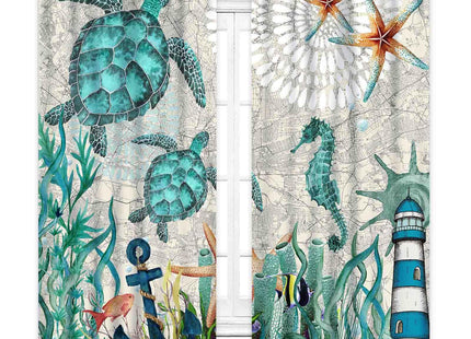 TKUYO Sea Turtle Curtains, Coastal Nautical Beach Seaweed Seahorse Starfish Rod Pocket Window Treatments for Bedroom Living Room Bathroom Undersea Animal Blue Ocean Blackout Drapes, 42"x45" Inch