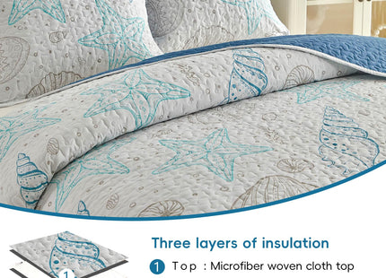 Coastal Quilt Sets Queen Size - Reversible Microfiber Ocean Style with Starfish Scallop Shell Soft Beach Bedding Nautical Bedspread Coverlet Summer Comforter with 2 Shams