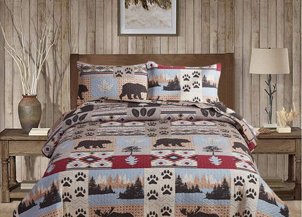 Oliven Rustic Cabin Summer Moose Bear Quilts Full/Queen Size Lodge Bedspread Bear Paw Pine Tree Maple Leaves Bed Cover Soft Polyester Woodland Coverlet Set with 2 Standard Pillow Shams