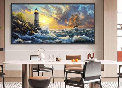 CHATYOUNG Large Wall Art Living Room, Ocean Sunrise Big Waves Framed Wall Pictures Beach Sailboat Lighthouse Landscape Canvas Paintings for Bedroom Dining Room Kitchen Office Home Decor 29x58 IN