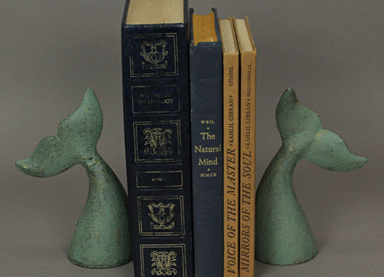Set of 2 Whale Tail Decorative Bookends, 6.5 Inch Verdigris Green Cast Iron