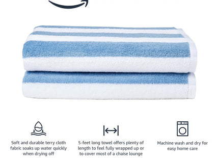 Amazon Basics Striped Beach Towels, Soft & Absorbent Pool Towel, 100% Ring-Spun Cotton, Machine Washable, Quick Dry, Oeko-TEX Certified, Large 30" x 60", Sky Blue, 4-Pack