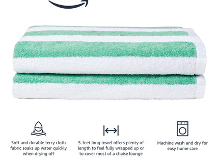 Amazon Basics Striped Beach Towels, Soft & Absorbent Pool Towel, 100% Ring-Spun Cotton, Machine Washable, Quick Dry, OEKO-TEX Certified, Large 30" x 60", Green Cabana Stripe, 2-Pack