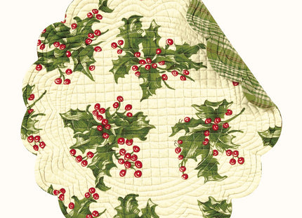 Set of 4 Pcs., 17 Inches Round Quilted Placemats, Holly, Cream, Christmas