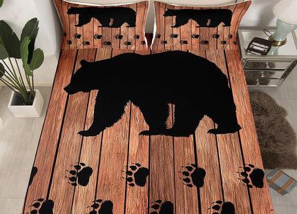 Black Bear Sheet Set Queen,Rustic Brown Farmhouse Wooden Board Bed Sheets Woodland Animal Bedding Sheets For Kids Boys Teens Men,Bear Paws Fitted Sheet + Countryside Flat Sheet + 2 Pillow Cases