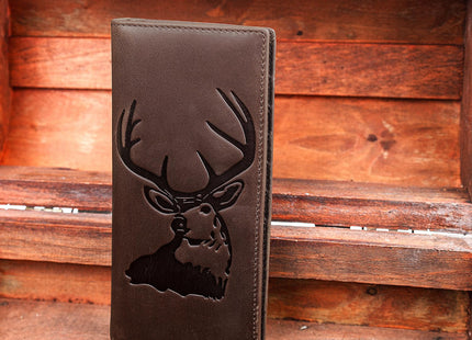 DK86 Deer Long Wallet For Men Full Grain Leather Rfid Blocking Rodeo Wallet Bifold Wallet Deer Wallet, Coffee
