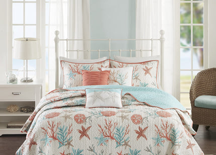 Madison Park Cotton Coastal Starfish Coral King Quilt Set, 6pc