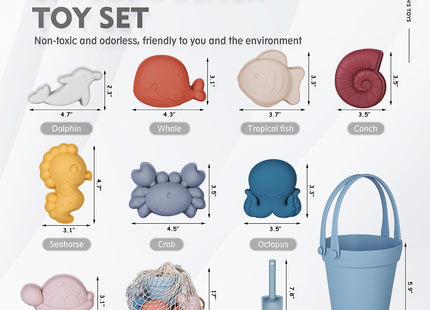 MarcZero 11Pcs Silicone Beach Toys for Toddlers, Bucket & Sand Toys, Blue
