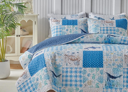 Patchwork Coastal Quilt Sets Queen Size - Reversible Microfiber Dolphin Turtle Ocean Style with Blue Whale Seahorse Soft Beach Bedding Nautical Bedspread Coverlet Summer Comforter with 2 Shams