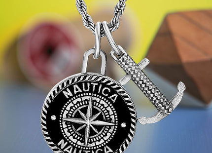 Nautica Stainless Steel Black Double Pendant Anchor Necklace for Men