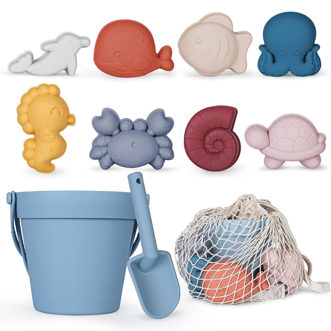 MarcZero 11Pcs Silicone Beach Toys for Toddlers, Bucket & Sand Toys, Blue