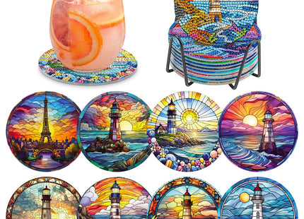 MOGTAA 8Pcs Diamond Art Coasters with Holder, 5D Lighthouse Coasters Kits for Adults Beginners, DIY Round Landscape Painting Coaster Craft for Home Decor