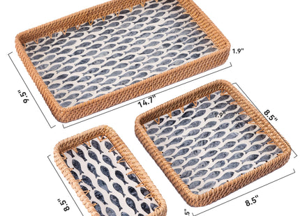 BROWNLILY Rattan Tray 3 Pcs with Mother of Pearl Inlay, Decorative Wicker Serving Tray for Bread Fruit Tea with Wooden Base, Boho Coastal Home Decor Baskets for Counter Decor & Organization (Fish)