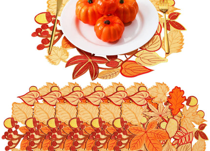 Suttmin 12 Pcs Fall Placemats 15 Inch Maple Leaves Mat Embroidered Cutwork