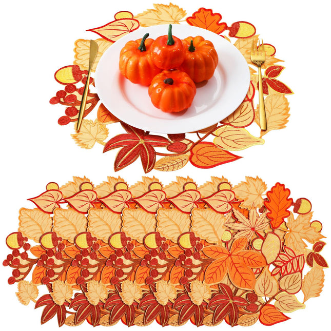 Suttmin 12 Pcs Fall Placemats 15 Inch Maple Leaves Mat Embroidered Cutwork