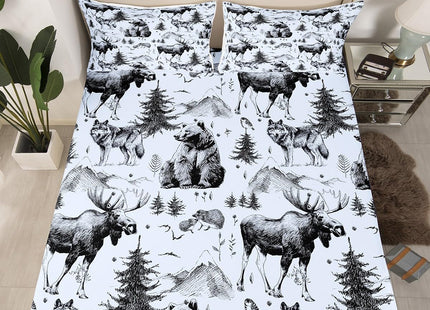 Bear Bed Sheets for Rustic Cabin,Grey Deer Moose Wolf Mountain Sheet Set Twin,Farmhouse Pine Tree Woodland Bedding Set Bedroom Decor,Retro Hunting Wild Animal Fitted Sheet + Flat Sheet + 1 Pillowcase