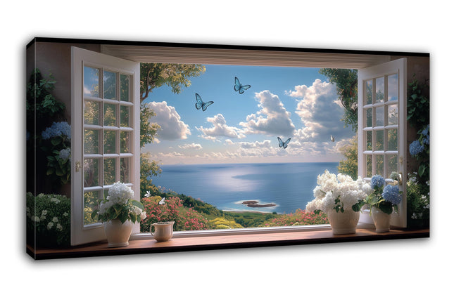 EIDOGRAF Large Coastal Wall Art Decor, Beach Pictures Wall Art, False Window Seascape Canvas Print, Modern Beach Landscape Themed Painting, Coastal Bathroom Wall Decor Floral Poster Artwork 40x20 Inch