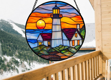 JOSUMALY Stained Glass Window Hanging - Sea Lighthouse Suncatcher for Door Terrace Garden Home Decor Sunset Beach Scenery Sun Catcher Birthday Gifts for Lovers Women Men Dad Mom Nana 6.3 in