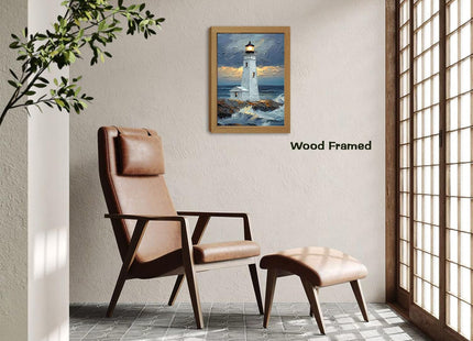 Moarmxiy Blue Ocean Island Lighthouse Wall Art, 24x16inch Wood Framed