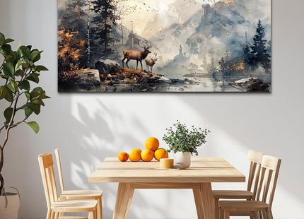FUHAIHUA Canvas Wall Art for Living Room, Mountain Forest Deer Landscape 30x60 Inches