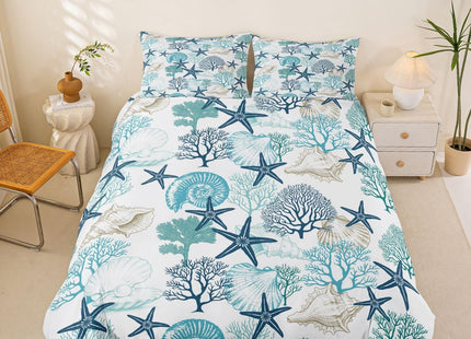 Homewish Coastal Style Bedding Sets Full Size,Shell Coral Starfish Duvet Cover Set 3Pcs for Kids Girls Boys Teens Room Decor,Ocean Beach Comforter Cover Sea Blue Nautical Quilt Cover,2 Pillowcases
