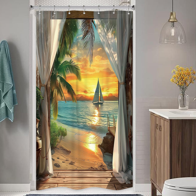 Small Stall Beach Shower Curtain RV Coastal Ocean Sunset Bathroom Decor