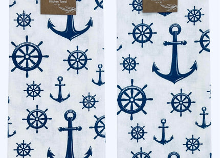 Nautical Coastal Cotton Kitchen Dish Towels, Blue Anchors, Set of 2 ,15x25