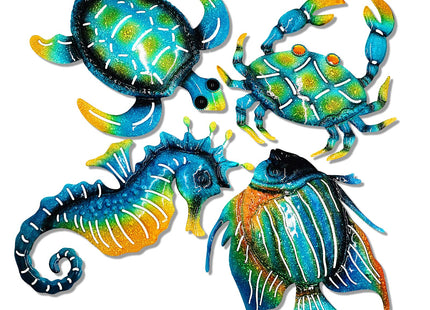 Meduofon Set of 4 Metal Outdoor Wall Art Decor, Blue Turtle Fish Crab and Seahorse Suitable for Beach Ocean Pool Decor, Metal Yard Fence Garden Children Room Bathroom Livingroom Wall Decoration
