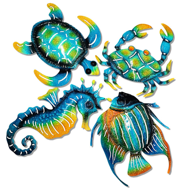 Meduofon Set of 4 Metal Outdoor Wall Art Decor, Blue Turtle Fish Crab and Seahorse Suitable for Beach Ocean Pool Decor, Metal Yard Fence Garden Children Room Bathroom Livingroom Wall Decoration