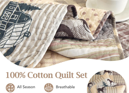 100% Cotton Rustic Lodge Cabin Horse Quilt Set, Beige Brown, Queen 90"x98"