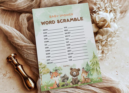 GardenCity Baby Shower Word Scramble Game Cards, Woodland Baby Shower Games for Boy or Girl, 50 Pack, Woodland
