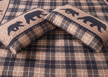 Virah Bella 3-Piece Full Queen Cabin Life Quilt Bedding Set - Rustic Black Bear Country Plaid Reversible Coverlet with 2 Decorative Standard Shams - Lightweight Soft Microfiber Bedspread, Brown