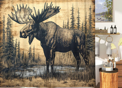 Wathon Wood Plank Style Moose in Pine Forest Shower Curtain 70X70IN
