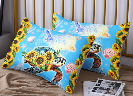 HOSIMA Sunflower Print Sea Turtle Fitted Sheet Set,Coastal Beach Sea Animal Theme Full Size Bedding Sets for Girls Teens Women Bedroom Decor,1 Fitted Sheet+2 Pillowcases.