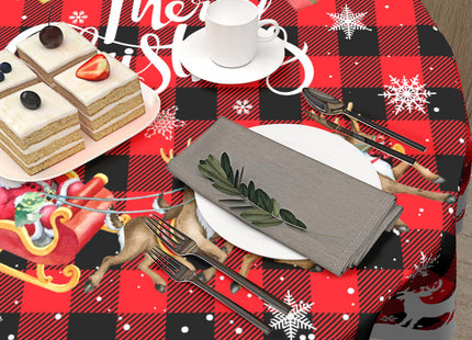 Granbey Christmas Reindeer Round Table Cloth - Red Xmas Buffalo Plaid Tablecloth 60 Inch Winter Snow Snowflakes Table Cover Decorative for Christmas Holiday Kitchen Party Home