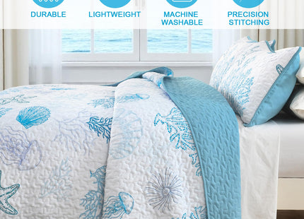 DJY Ocean Coastal Quilt Queen Size, 3 Pcs Beach Theme Bedspread Bedding Set