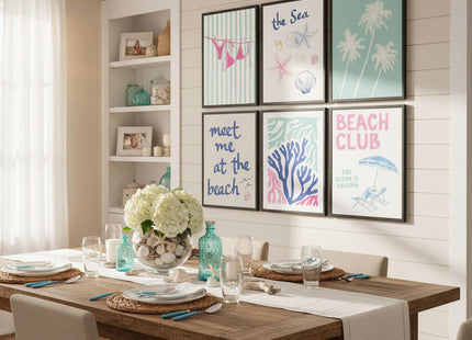 6pcs Blue Coastal Granddaughter Canvas Wall Art Summer Seashell Bikini Posters Prints Paintings Beach Preppy Aesthetic Wall Decor Pictures for Dorm Apartment Sea View Room Home Decoration Unframed