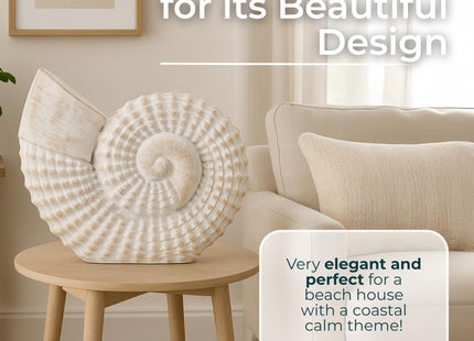NESS AND JORD Coastal Seashell Decorative Figurine – Handcrafted Polyresin Nautical Decor Sculpture – Figurines & Sculptures Home Decor for Office, Bedroom & Living Room – 7", Whitewash