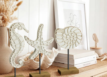 Leinuosen 3 Pcs Wooden Beach Ocean Table Decor White Neutral Coastal Table Centerpiece Rustic Decorative Wood Nautical Figurines Sea Life Starfish Conch Seahorse Statue for Ocean Beach Home Decor