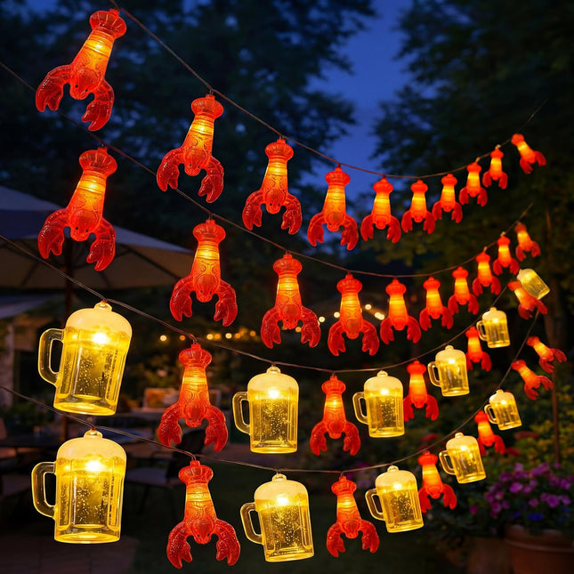 Baquler 4 Pcs 10ft 20 LED Lobster Decorations and Lobster with Beer String Lights, Crawfish Boil Party Supplies Seafood Boil Party Decorations for Summer Camping Mardi Gras Wedding Birthday Patio