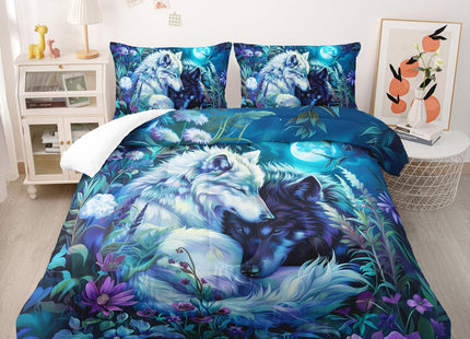 Nttopship Wolf Print Comforter Set King Size,White and Black Wolf in Flowers Bedding Set, Night Sky Forest Animals Printed Quilted Set for Girls Boys Adult,with 1 Comforter and 2 Pillow Case
