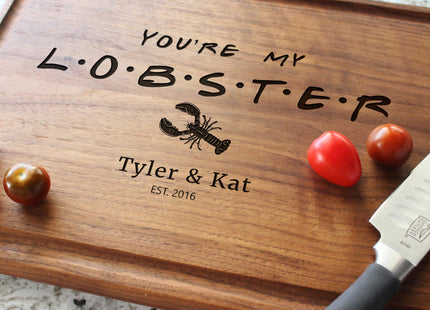 Personalized Cutting Board, Custom Wedding, Anniversary or Housewarming Gift Idea, Wood Engraved Charcuterie, for Couples, Family and Clients (FRIENDS Themed Lobster 087)
