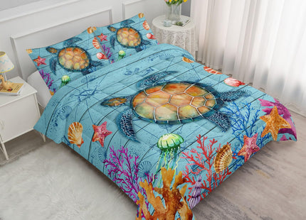 Datura Home Sea Turtle Ocean Beach Comforter Set - Printed Pattern Bedding With 1 Comforter and 2 Pillowcases for Boys Bedroom All Season (Twin)