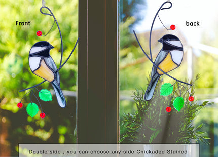 Lolitarcrafts Chickadee Stained Glass Suncatcher Bird Stained Glass Window Hangings for Window Decoration