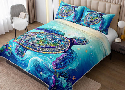 UEVBF Coastal Bedding Quilt Sets Queen Size,Summer Blue Sea Turtles Water Plants Nautical Bedding Quilt with 2 Pillowcases,Beach Themed Soft Lightweight Bedspread Coverlet.